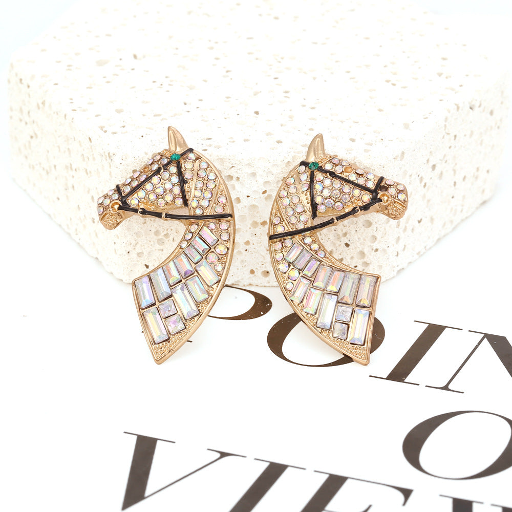 Minimalist Creative Alloy Rhinestone Earrings Retro Fashion Horse Head Color AB Diamond