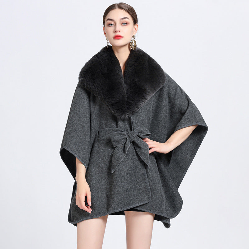 Faux Rex Rabbit Fur Collar Knit Shawl Cape