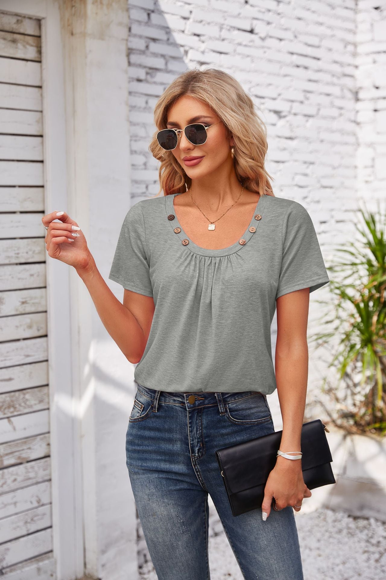 Effortless Lady: Women's Summer Button Square Collar Pleated Design Short-sleeved T-shirt