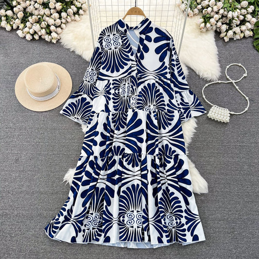 Summer Women's Retro Flared Long Sleeve V-neck Printed Dress