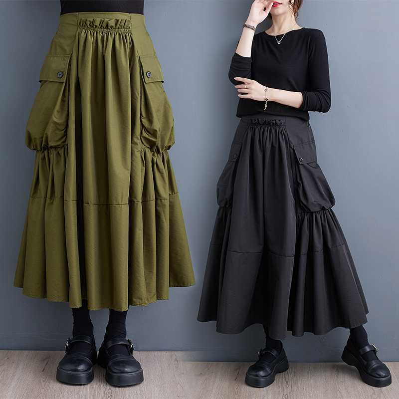 Loose Slimming Workwear Large Pocket Large Hem High Waist Pleated Skirt