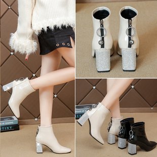 Versatile rhinestone square heel boot for women