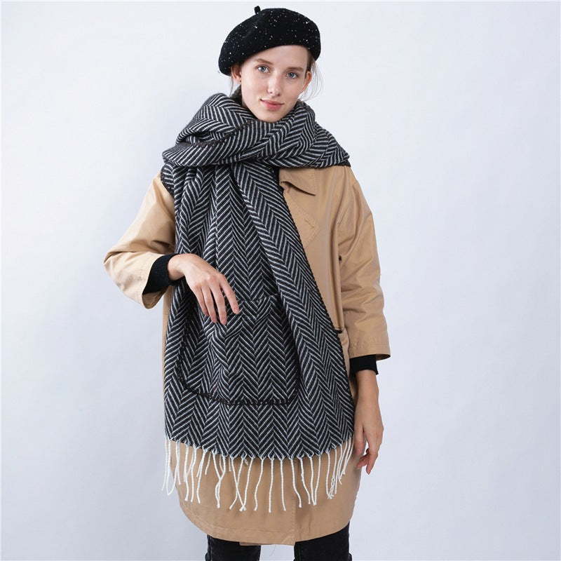 Herringbone Fringe Pocket Shawl Scarf Women