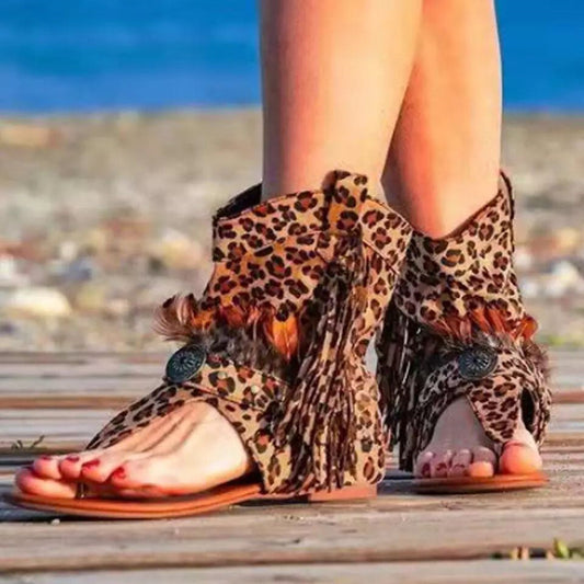 Leopard Fringe Flip Flops