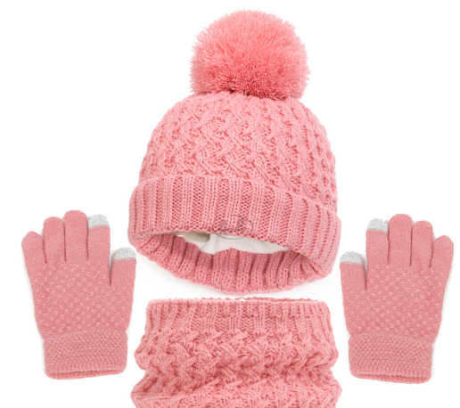 Children's hat, scarf, glove, three piece set, autumn and winter plush and thickened single ball baby hat