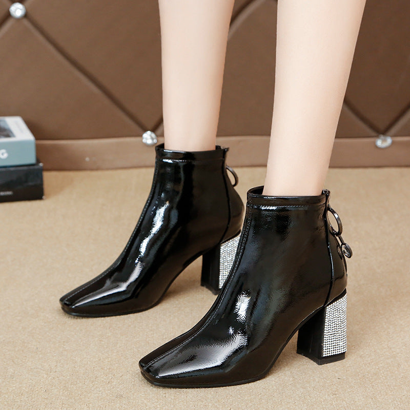 Versatile rhinestone square heel boot for women