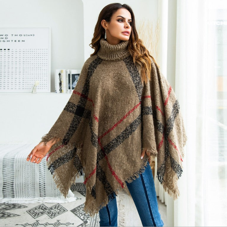 High collar fringed cloak shawl