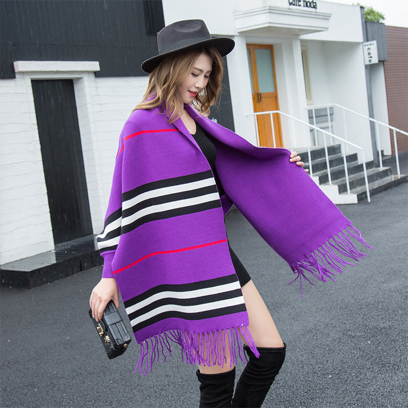 Striped fringe shawl