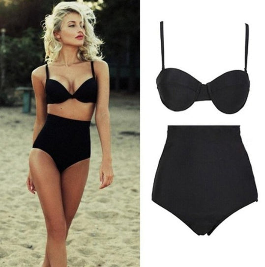 Solid color bikini swimsuit sexy black retro high waist bikini swimsuit