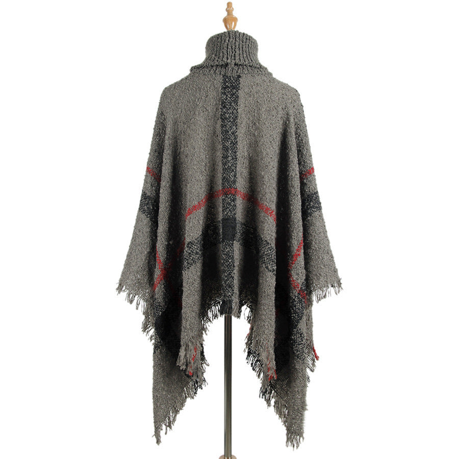 High collar fringed cloak shawl