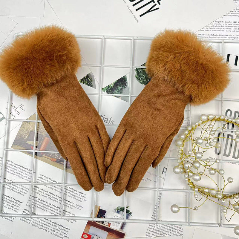 Warm Women's Fur Mouth Winter Riding Fleece-lined Finger Gloves Battery Car Thickened