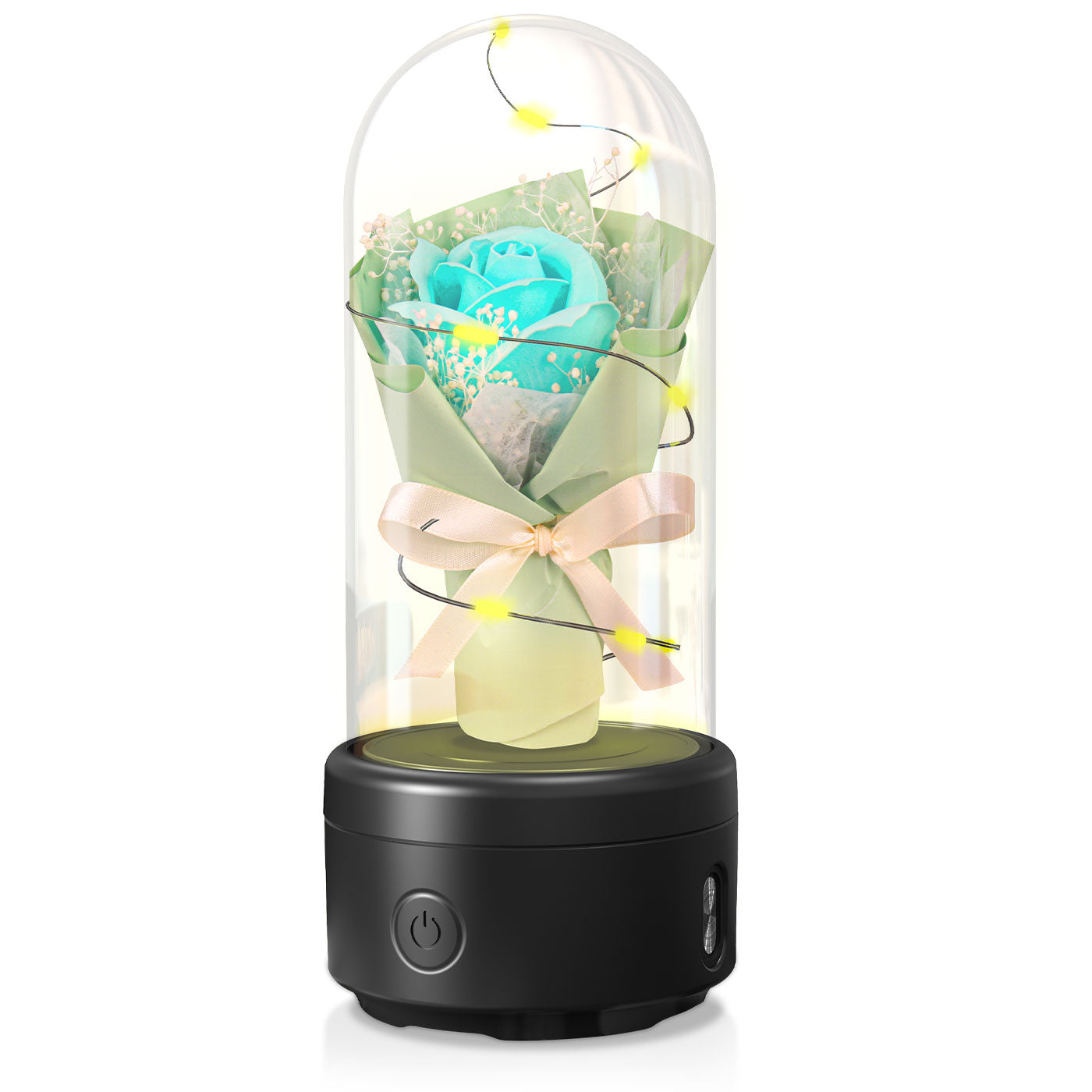 Kreatives 2-in-1-Blumenstrauß-LED-Licht und Bluetooth-Lautsprecher Muttertagsgeschenk Rose leuchtendes Nachtlicht-Ornament in Glasabdeckung