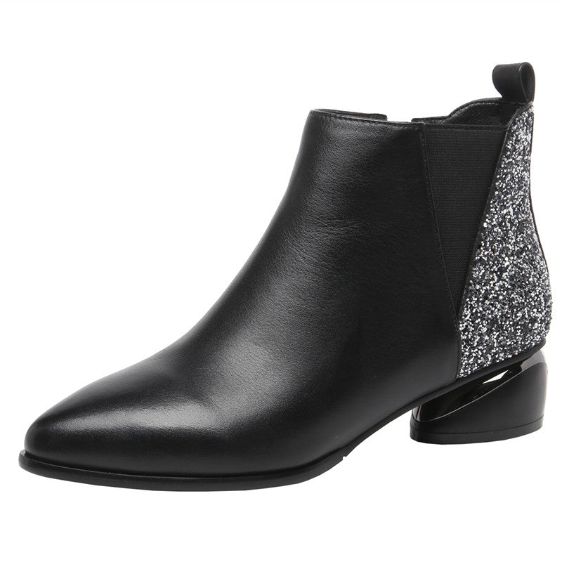 Mid-heel leather chunky heel ankle boots