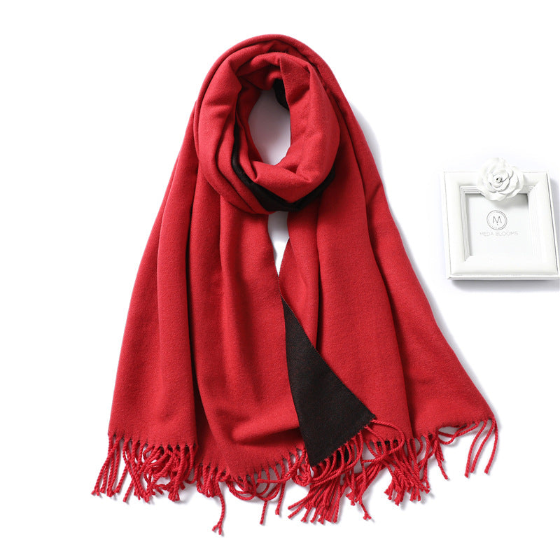 Two-tone shawl fringed red scarf