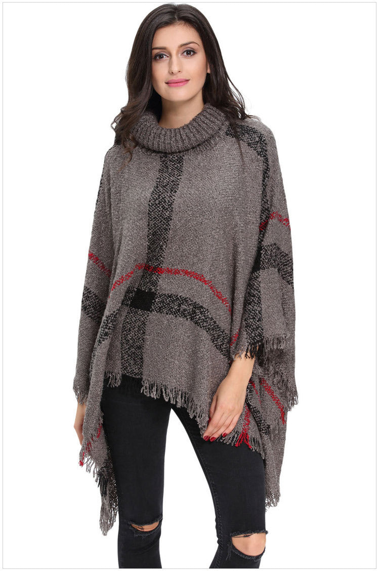 High collar fringed cloak shawl