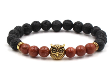 Foreign trade AliExpress best selling 8mm natural stone black lava volcanic stone bracelet gold alloy owl bracelet