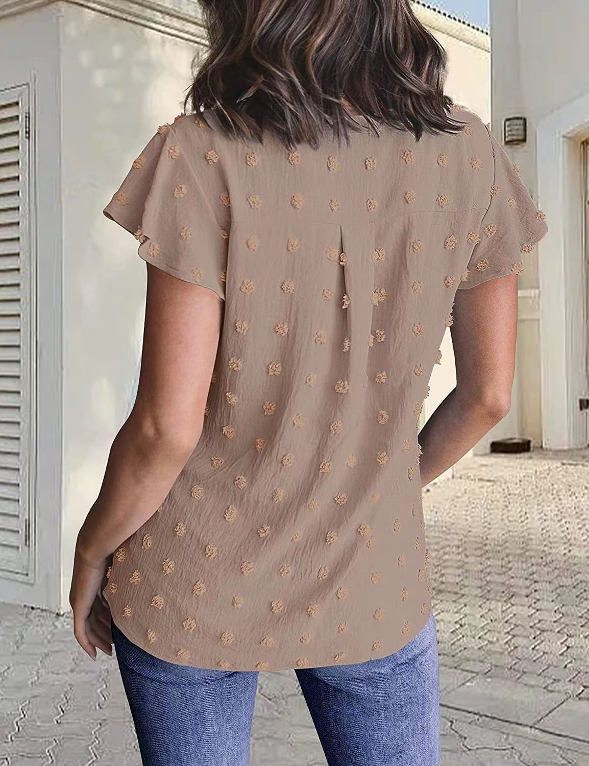 Breezy Charm: Women's Summer V Neck Ruffle Short Sleeve Blouse - Dot Flowy Shirt Top