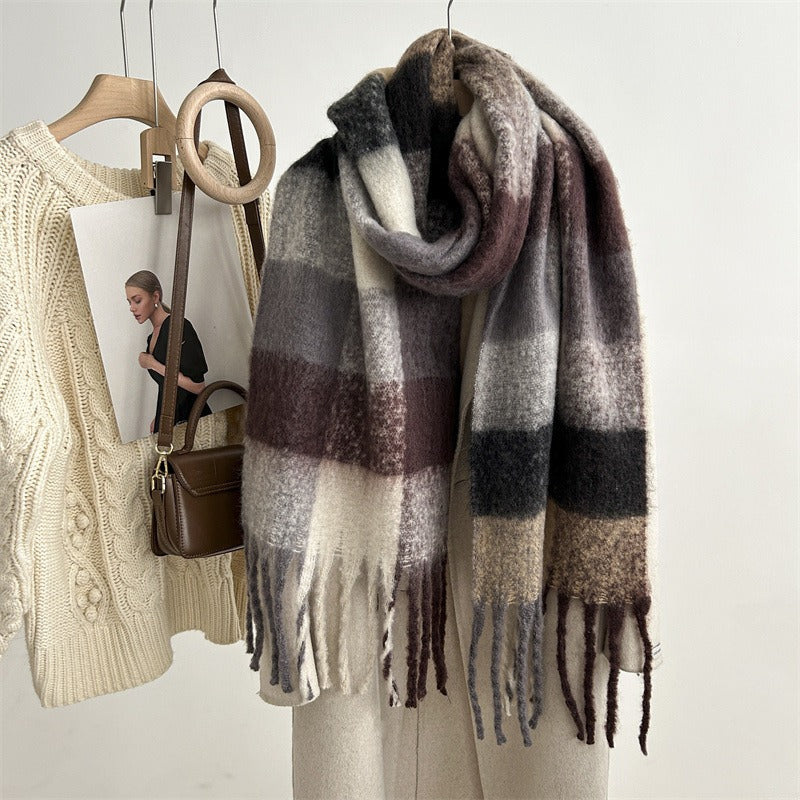 Autumn and winter new style mohair plaid scarf for women Dongdaemun fashion versatile extended tassel shawl scarf