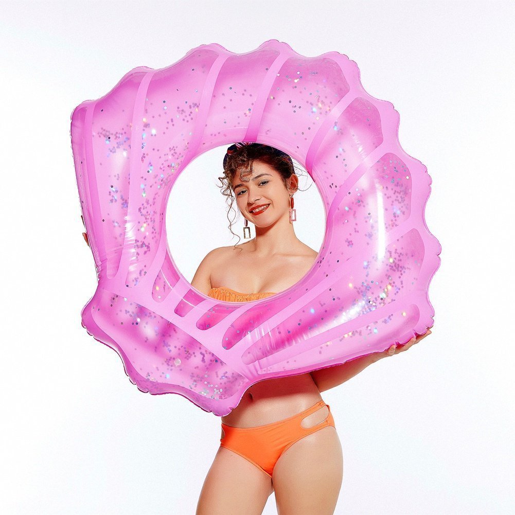 Inflatable sequined shell swimming ring floating row on water