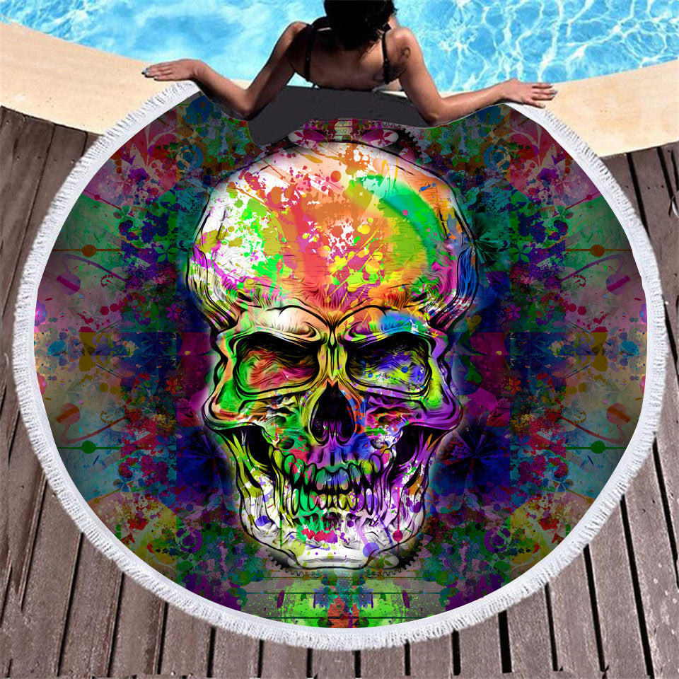 Skull print with tassel round beach towel