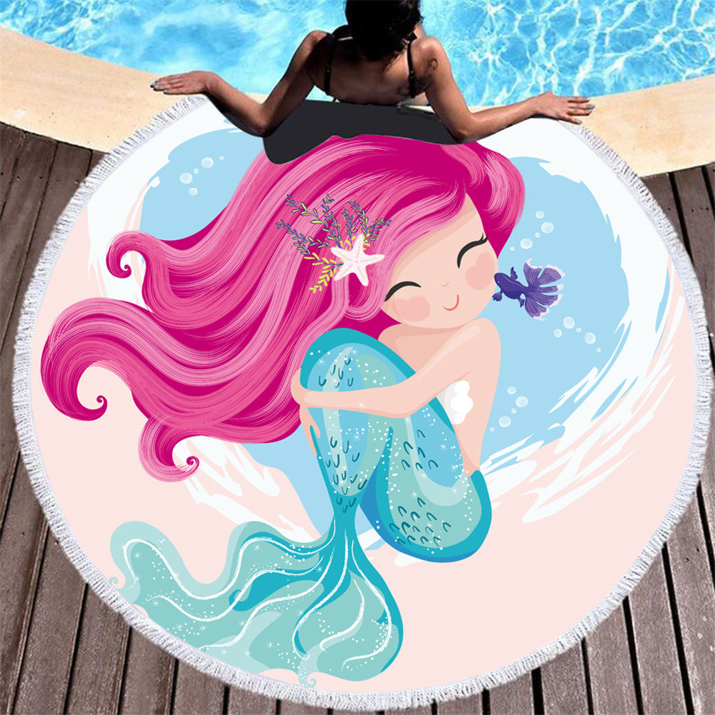 Cartoon pink mermaid microfiber round beach towel