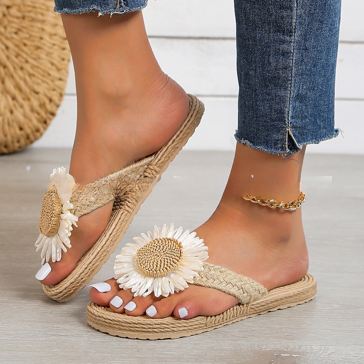 Sommer Neue Mode frauen Leinen Mode Einfache Blume Flache Beiläufige Sandalen