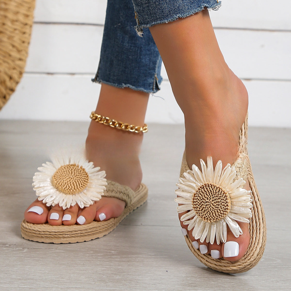 Sommer Neue Mode frauen Leinen Mode Einfache Blume Flache Beiläufige Sandalen