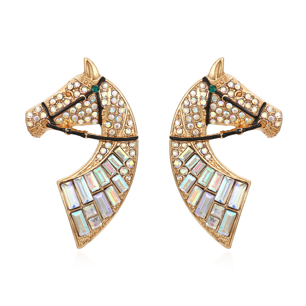 Minimalist Creative Alloy Rhinestone Earrings Retro Fashion Horse Head Color AB Diamond