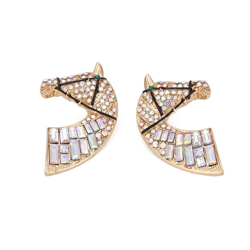 Minimalist Creative Alloy Rhinestone Earrings Retro Fashion Horse Head Color AB Diamond