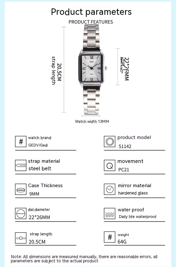 Classic Simple Square Watch Women's Affordable Luxury Fashion High-grade Korean Style All-match Steel Belt