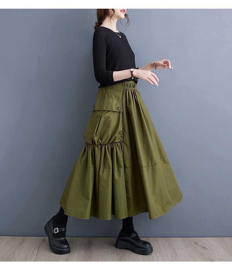 Loose Slimming Workwear Large Pocket Large Hem High Waist Pleated Skirt