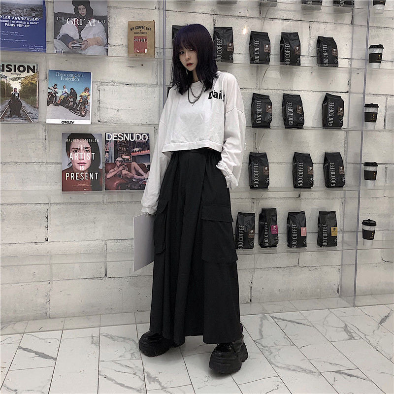 Black Japanese Wide-Leg Pants with Large Swing, Split Draping, Cropped Design, and Large Pockets