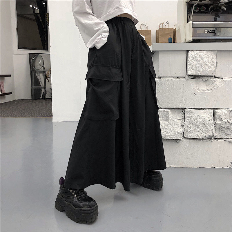 Black Japanese Wide-Leg Pants with Large Swing, Split Draping, Cropped Design, and Large Pockets