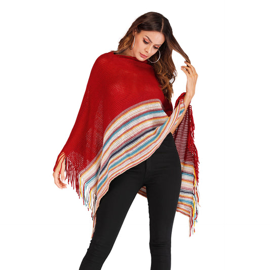 Fringed high neck color block shawl