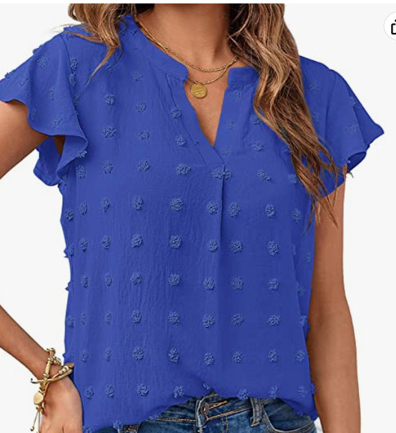 Breezy Charm: Women's Summer V Neck Ruffle Short Sleeve Blouse - Dot Flowy Shirt Top