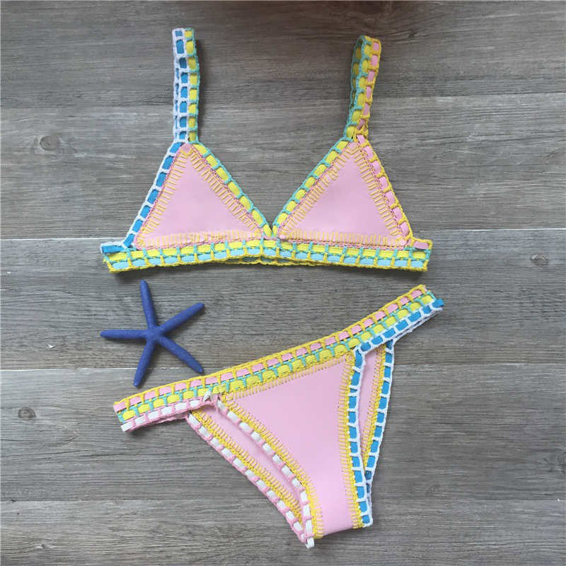 Europe And The United States Sexy Hand Crochet Colorful Bikini Set, Spell Color Rubber, Ladies Knitted Swimwear Wholesale