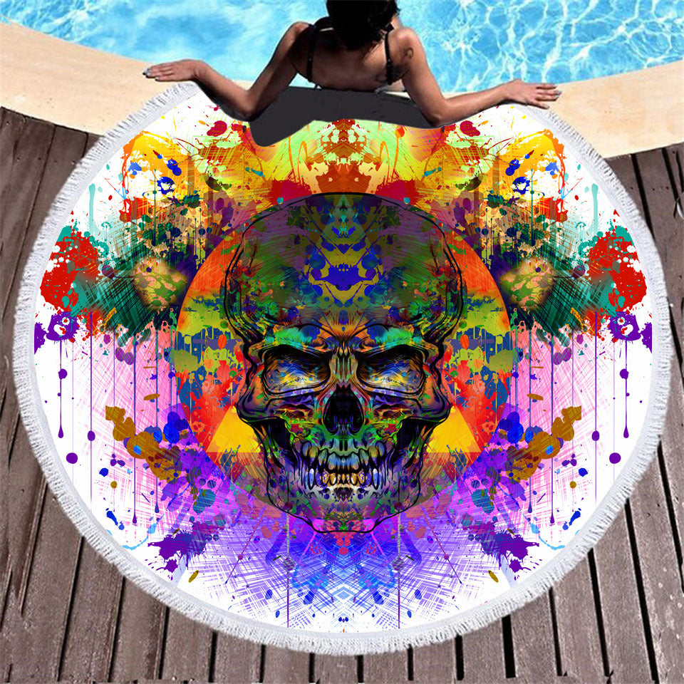 Skull print with tassel round beach towel