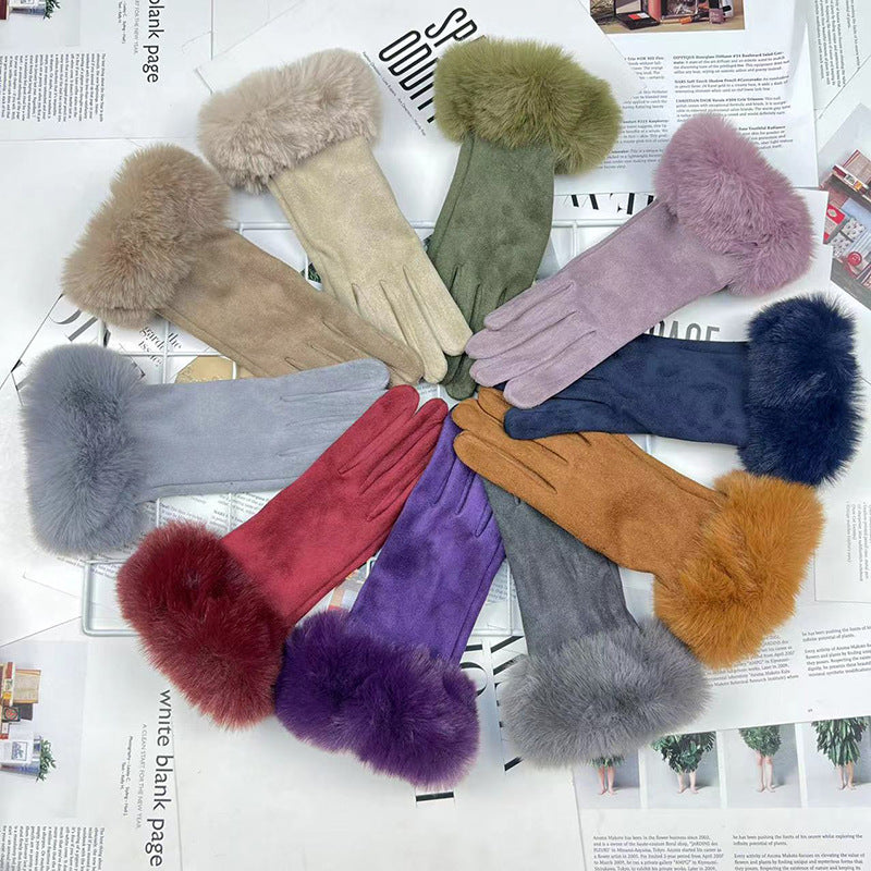 Warm Women's Fur Mouth Winter Riding Fleece-lined Finger Gloves Battery Car Thickened