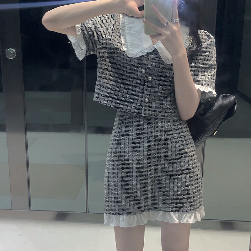 Suit Doll Collar Plaid Short-sleeved Shirt Gas Skirt