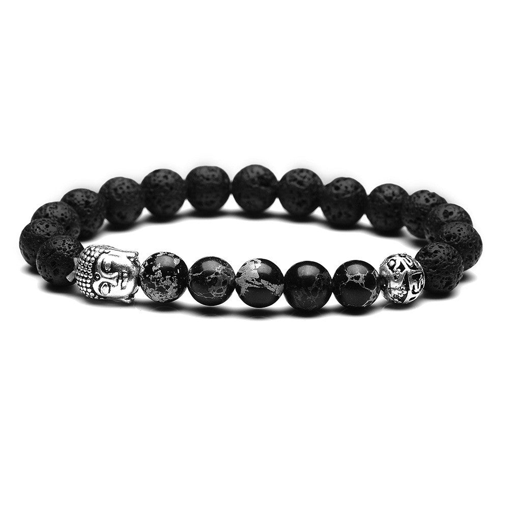 Antikes silbernes Buddhakopf-Armband mit 8 mm Hohlkugeln aus Naturstein