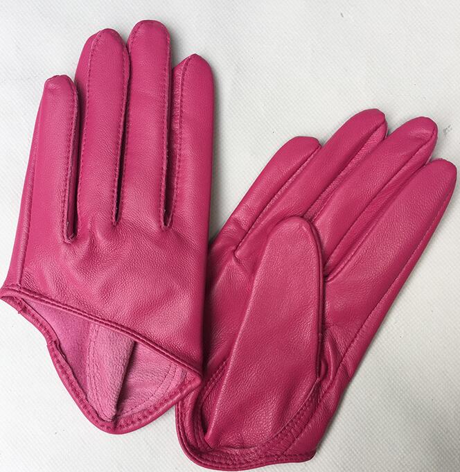 Damenhandschuhe aus natürlichem Schaffellleder in fester rosa Farbe mit halber Handfläche, weibliches echtes Leder, modischer kurzer Autofahrerhandschuh