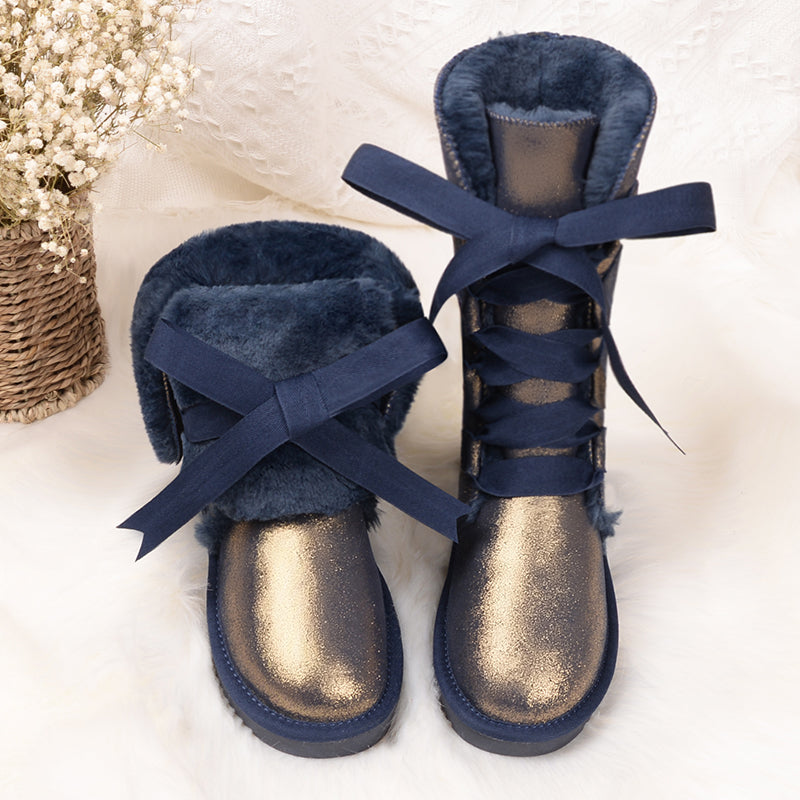 Leather high tube fur snow boots