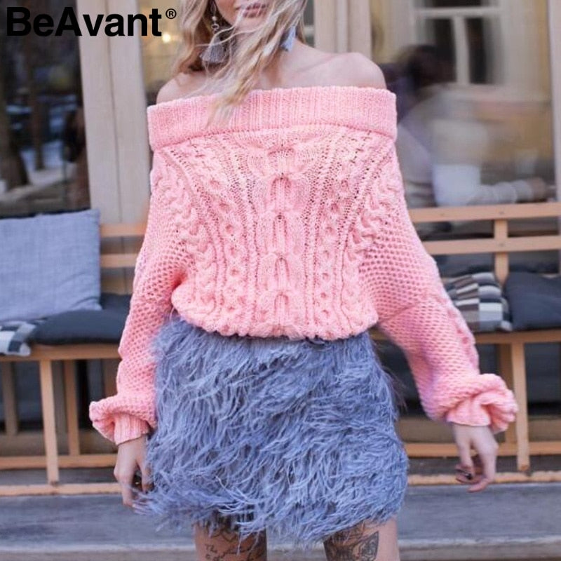 Twist knitted off shoulder women sweater Batwing sleeve blue winter sweater pullover Loose casual knit jumper female