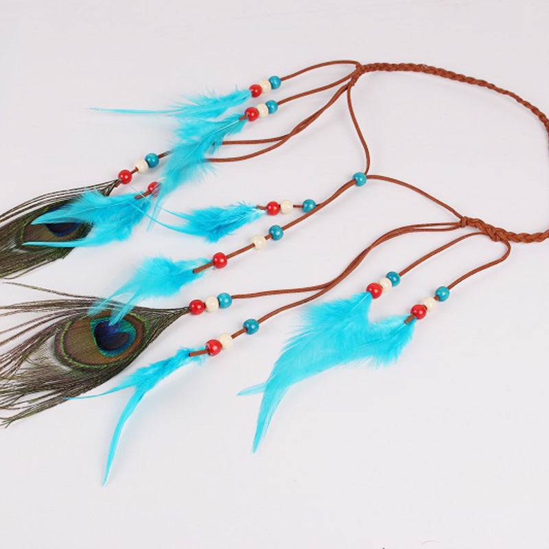 Peacock feather leather rope pendant hair ornament