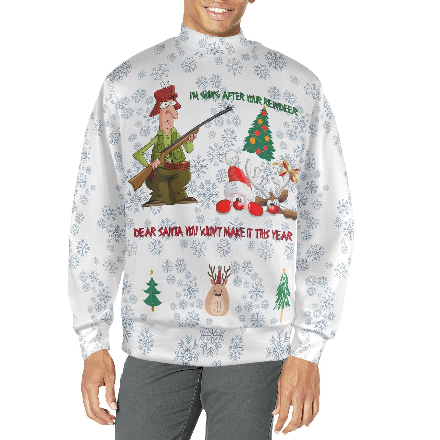 CWS Cozy Sweaters Men's All Over Print Mock Neck Funny Hunter, Ugly Christmas Sweater "I'm after your reindeer" by Cozy Winter Store