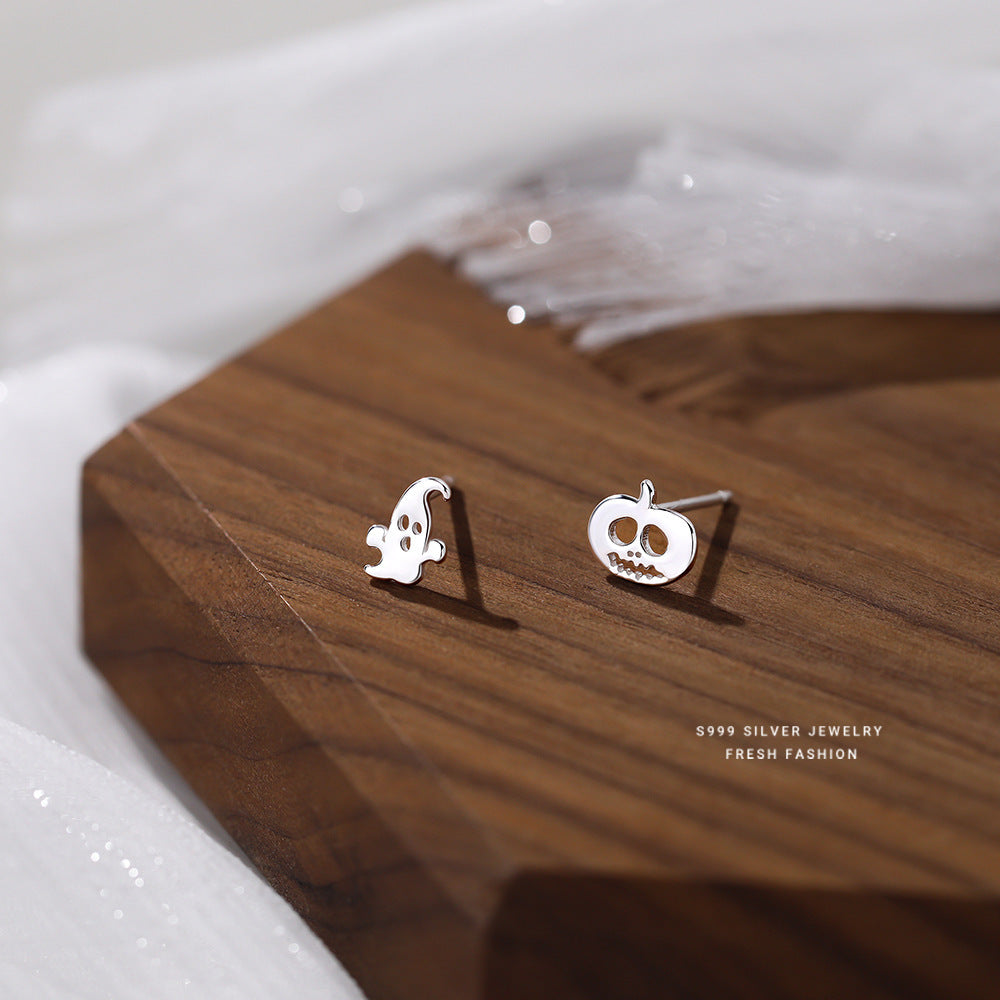 S999 Pure Silver Ghost Stud Earrings Female Niche Cartoon