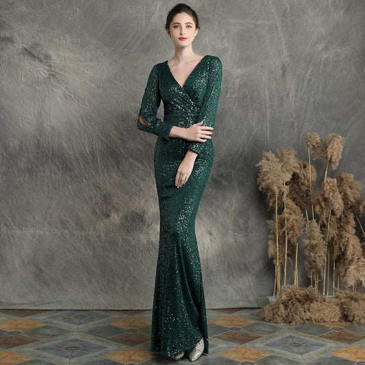 Sequined gas field fishtail evening dress