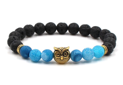 Foreign trade AliExpress best selling 8mm natural stone black lava volcanic stone bracelet gold alloy owl bracelet