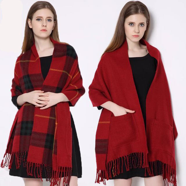 Pocket Scarf Cashmere Fringe Plaid Shawl