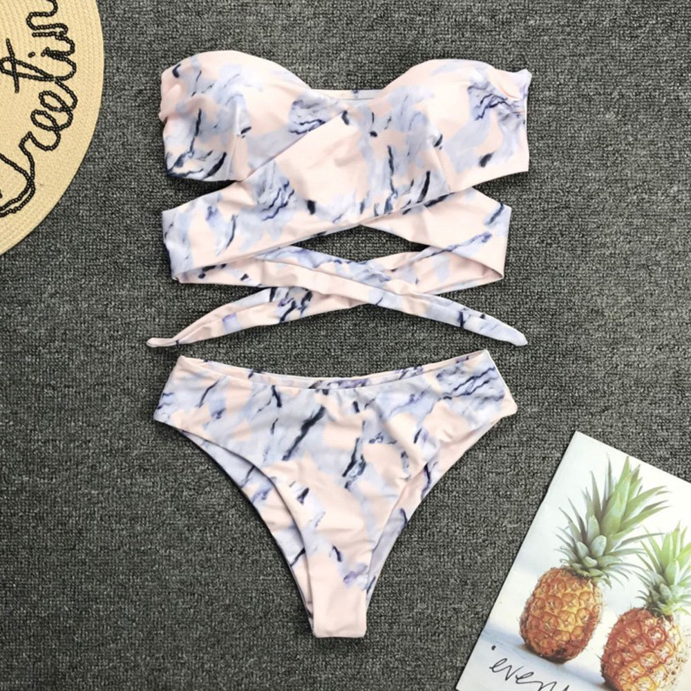 Sexy gathered bandage high waist ladies bikini split swimsuit